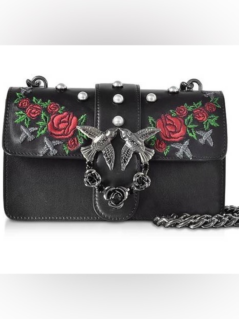 Pinko Black Crossbody with Red Rose Embroidery and Pearl Accents